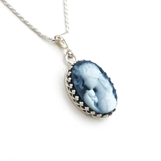 Cat Cameo Necklace, Cat Jewelry, Unique Gifts for Women, Blue Cameo Pendant, Sterling Silver, Woman Holding Cat