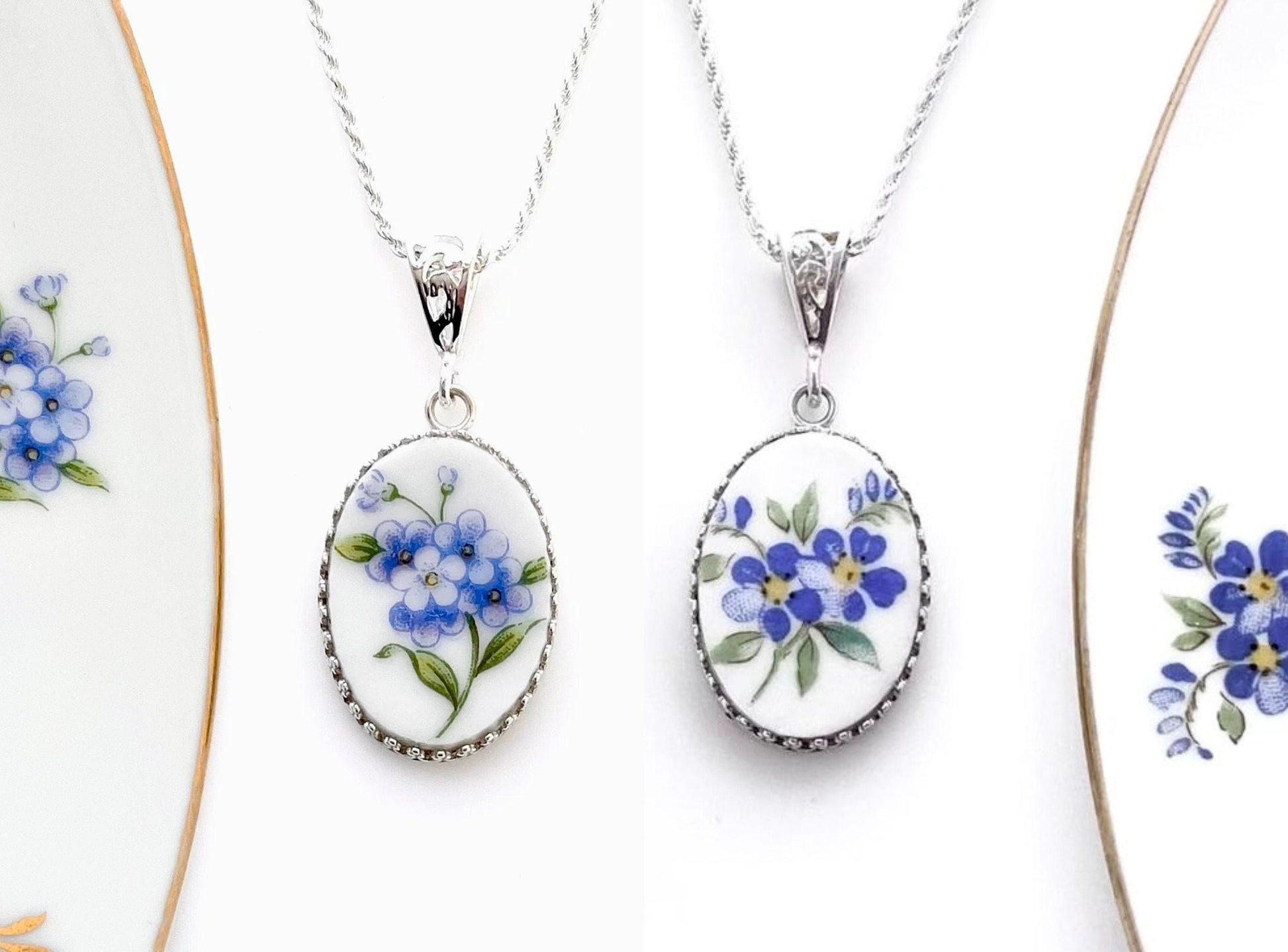 Broken China Necklace Forget Me Not Flower Necklace 20th Anniversary Gift for Wife Repurposed Jewelry