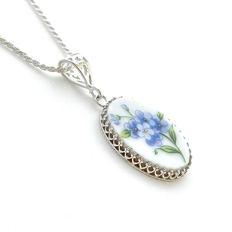 Broken China Necklace Forget Me Not Flower Necklace 20th Anniversary Gift for Wife Repurposed Jewelry