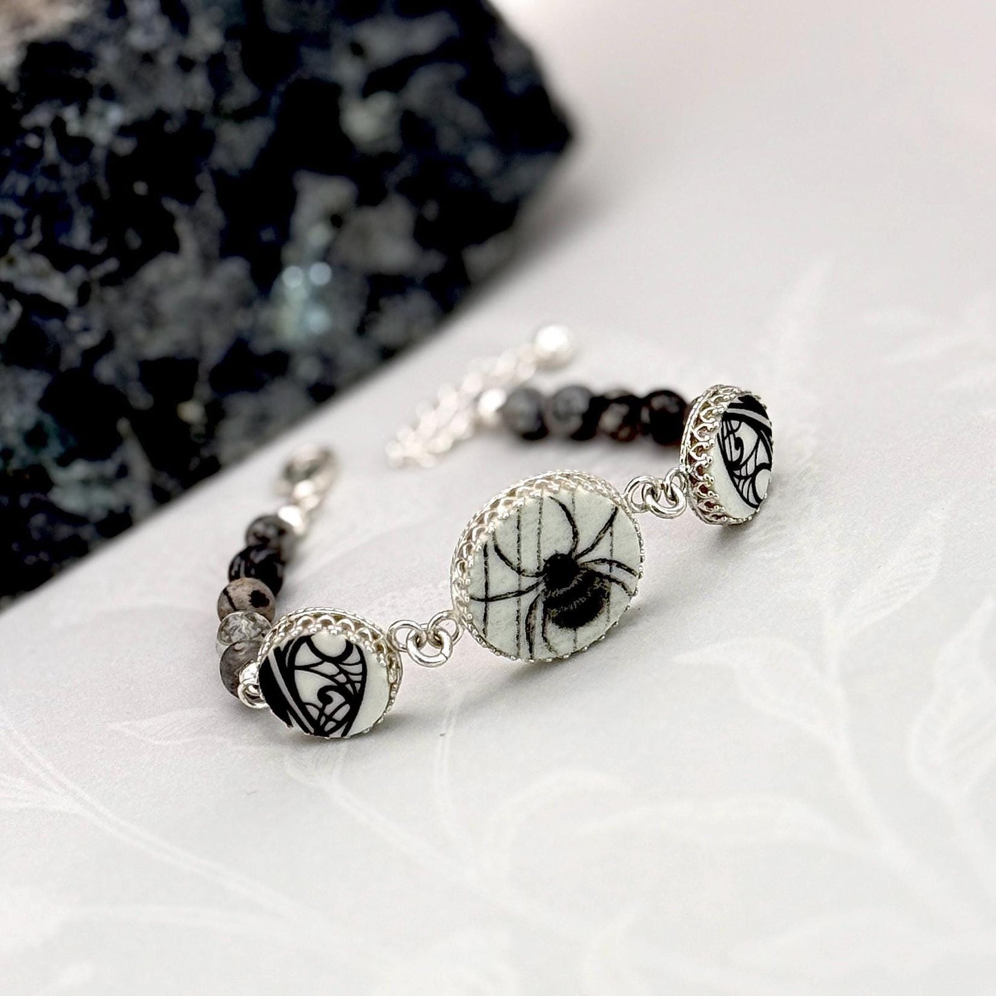Gothic Black Spider Bracelet, Porcelain Halloween Jewelry, Halloween Wedding, Insect Jewelry. Adjustable Bracelet