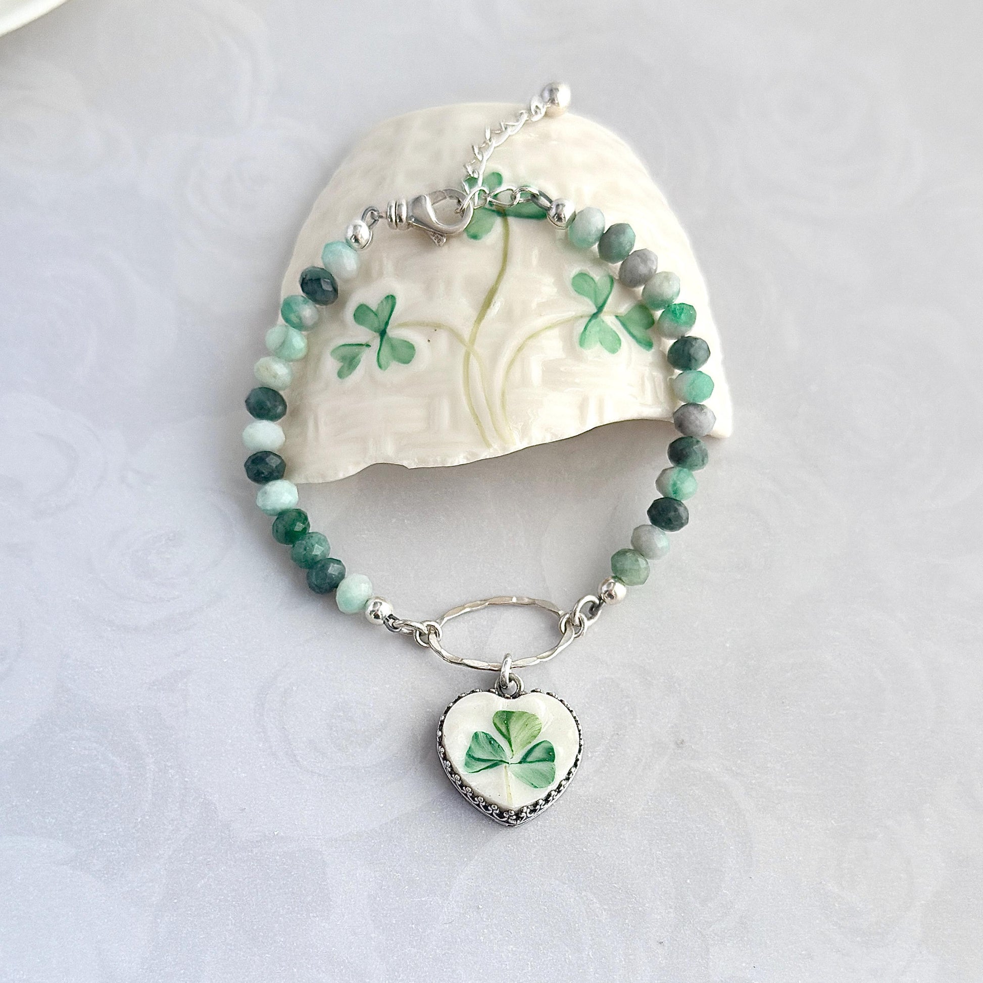 Belleek Irish Shamrock Bracelet, Broken China Jewelry, Hammered Silver and Hand Painted Belleek Clover Charm