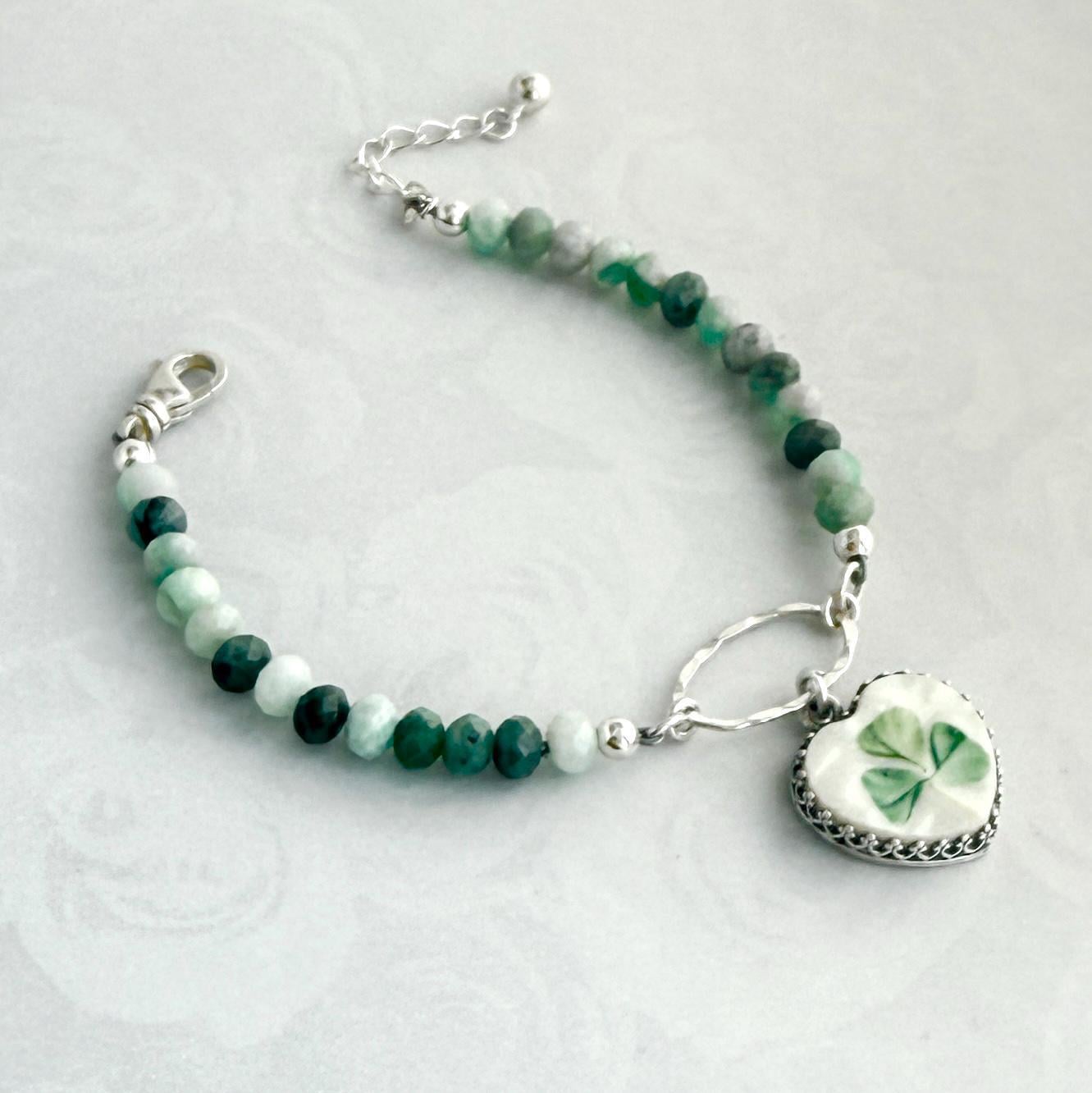 Belleek Irish Shamrock Bracelet, Broken China Jewelry, Hammered Silver and Hand Painted Belleek Clover Charm