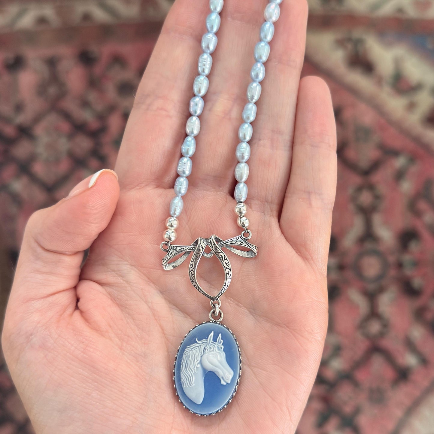 Horse Cameo Necklace, Freshwater Pearl Jewelry, Unique Equestrian Gifts for Women, Sterling Silver