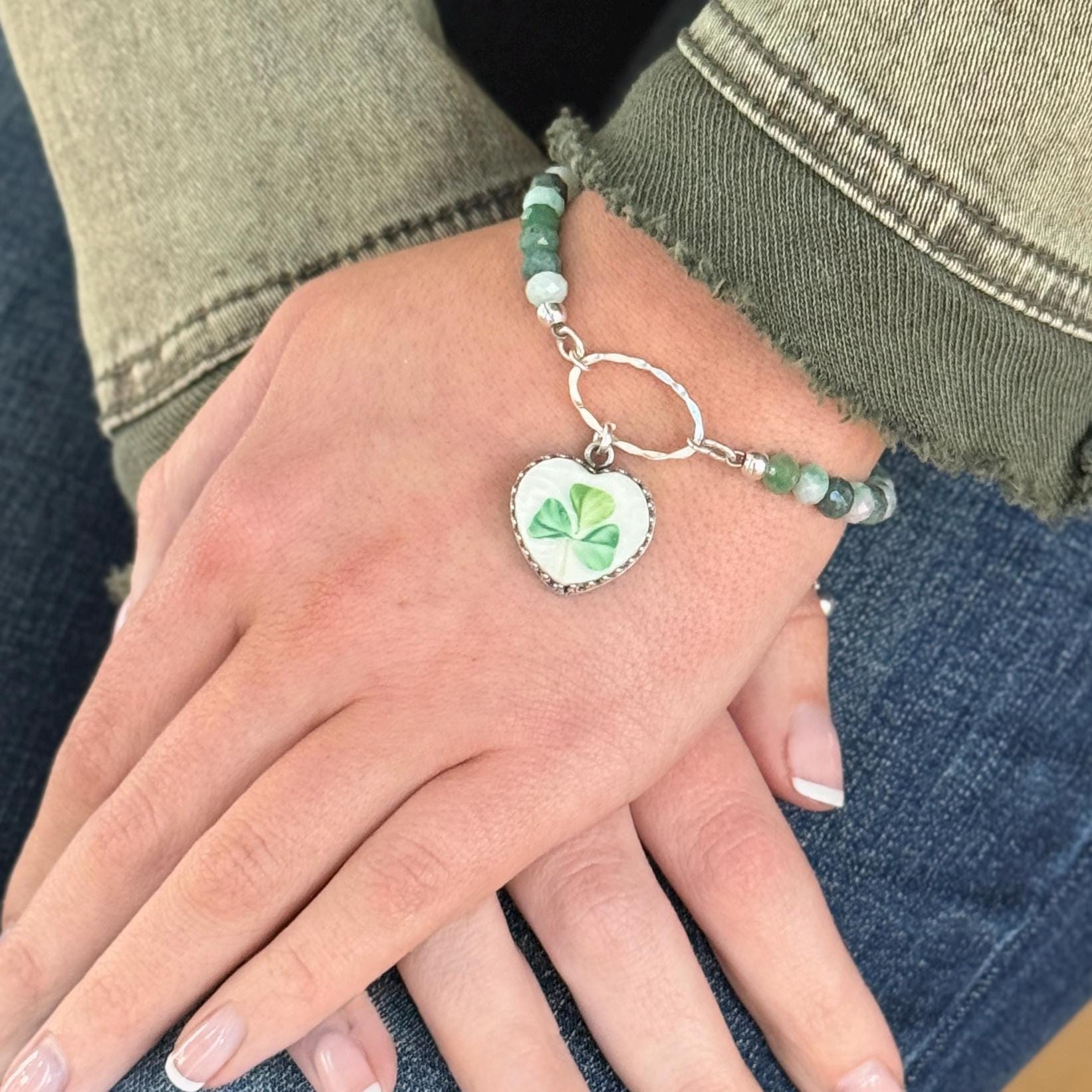Belleek Irish Shamrock Bracelet, Broken China Jewelry, Hammered Silver and Hand Painted Belleek Clover Charm