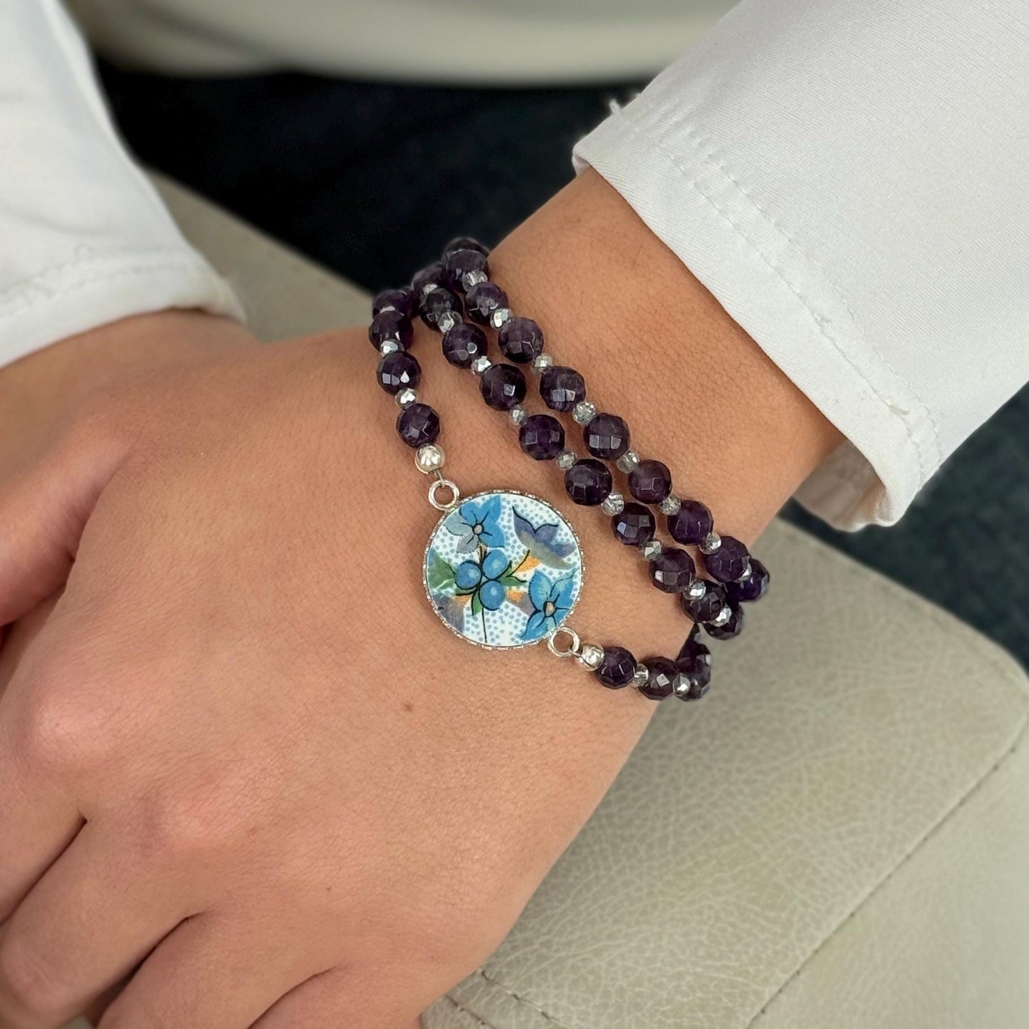 One-of-a-Kind Amethyst Gemstone Triple Wrap Bracelet, Vintage Chintz China, Flower Jewelry