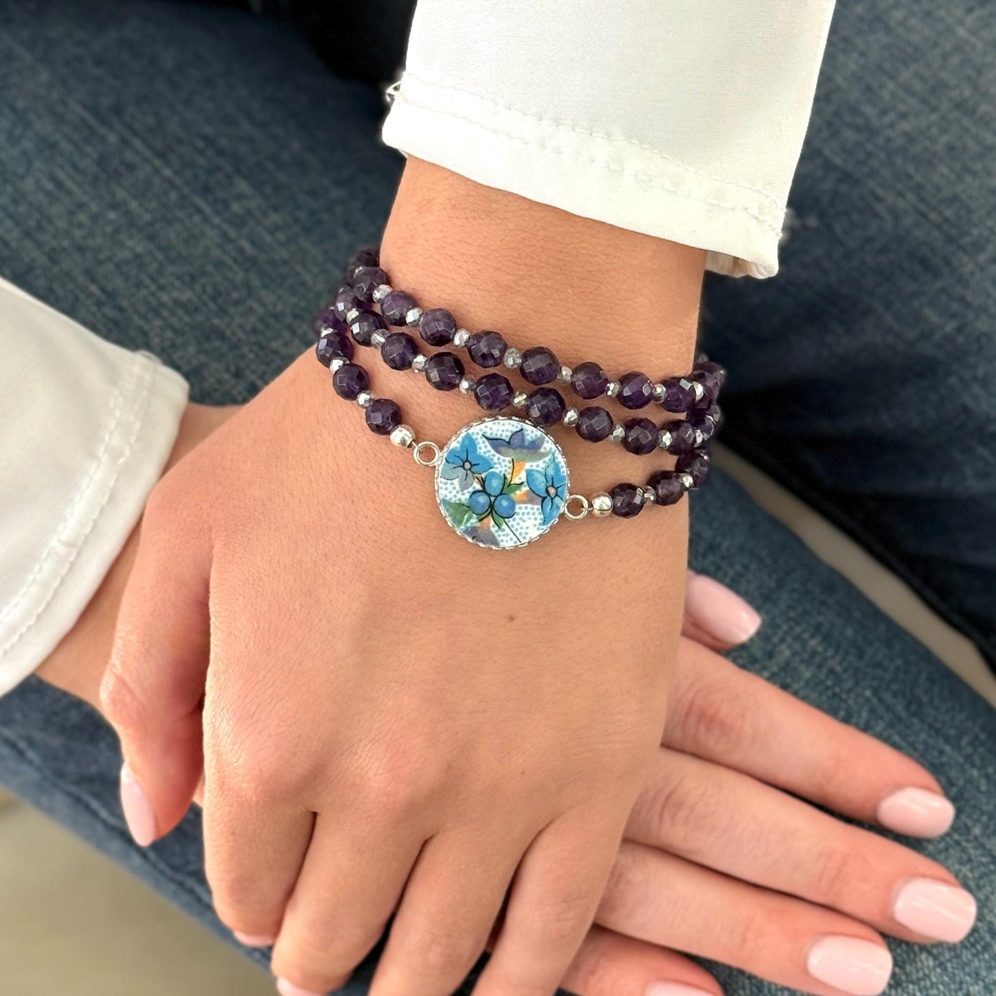 One-of-a-Kind Amethyst Gemstone Triple Wrap Bracelet, Vintage Chintz China, Flower Jewelry