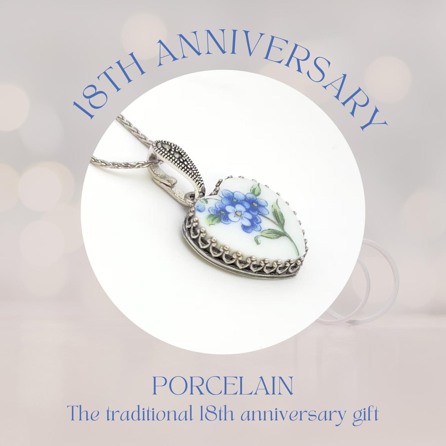18th Anniversary Porcelain Gift for Wife, Forget Me Not Heart Necklace, Broken China Jewelry, Marcasite Stones, 20th Anniversary Gift