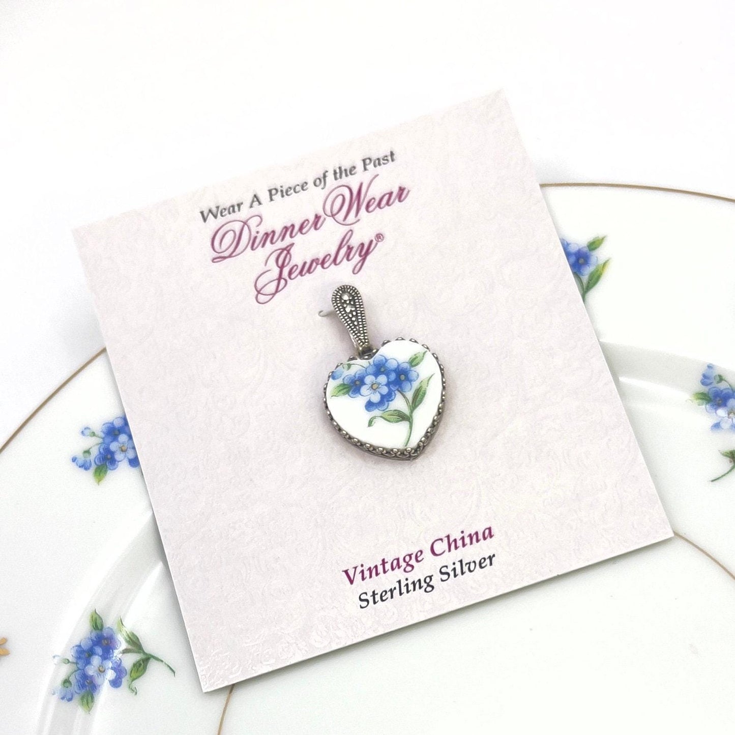 18th Anniversary Porcelain Gift for Wife, Forget Me Not Heart Necklace, Broken China Jewelry, Marcasite Stones, 20th Anniversary Gift