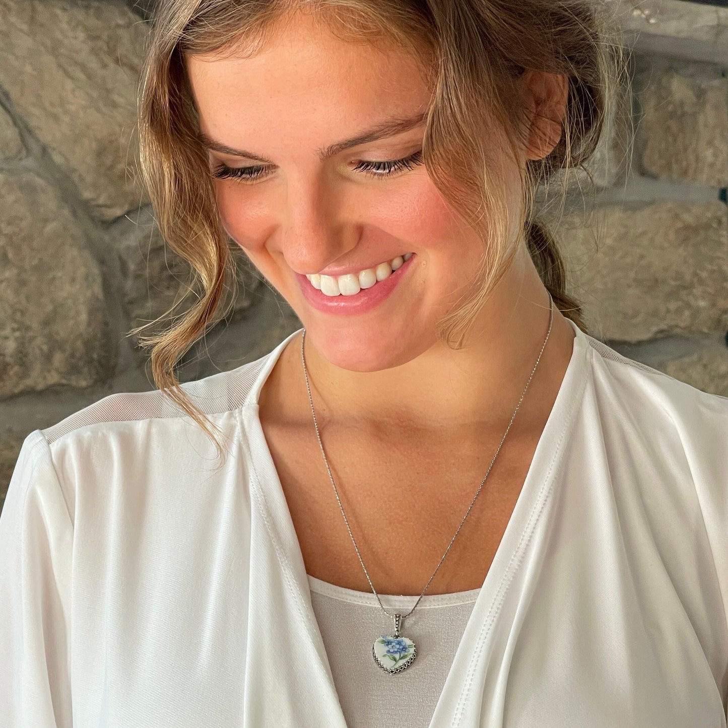 18th Anniversary Porcelain Gift for Wife, Forget Me Not Heart Necklace, Broken China Jewelry, Marcasite Stones, 20th Anniversary Gift