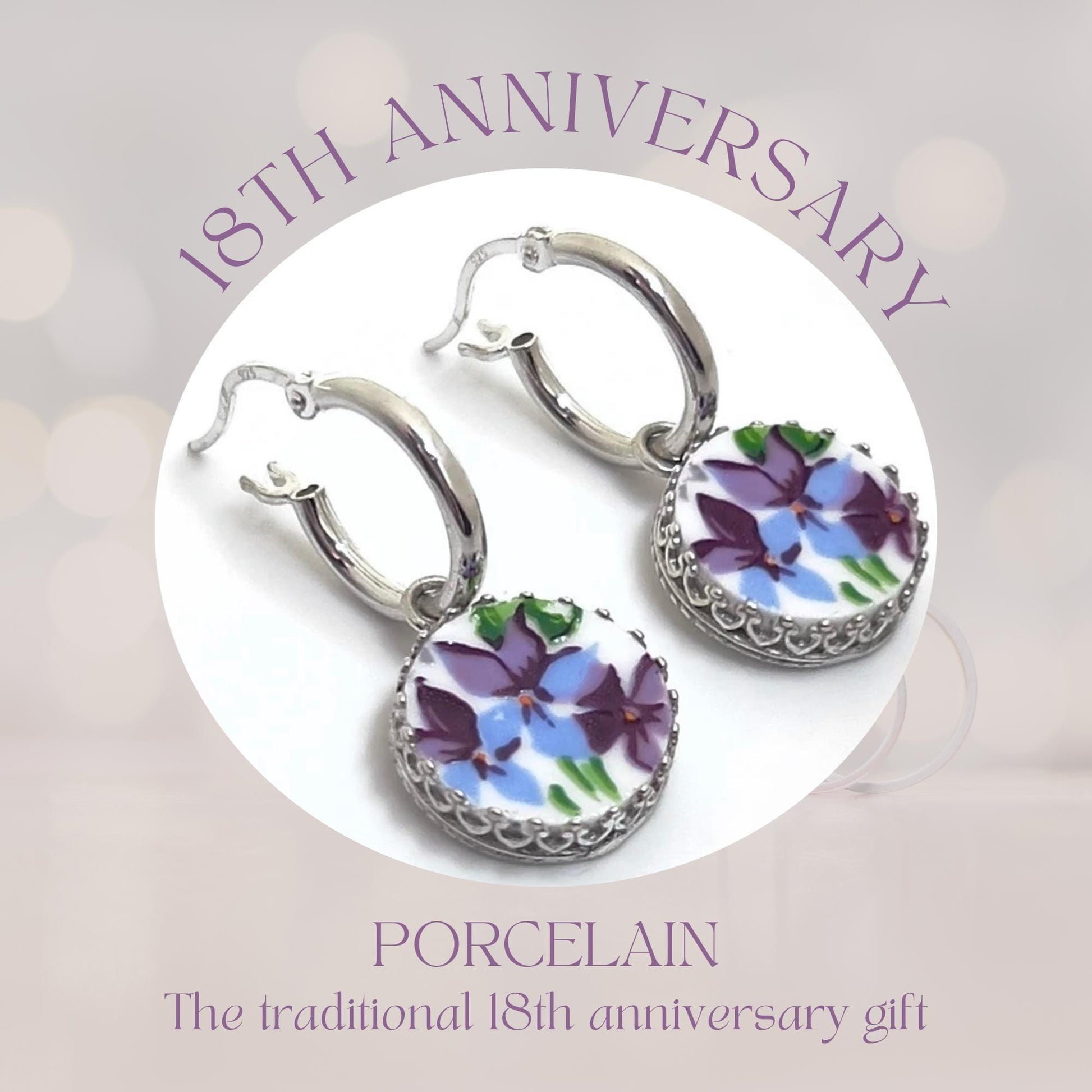Unique 18th Wedding Anniversary Porcelain Gifts for Wife, Purple Violets, Hoop Earrings, Broken China Jewelry