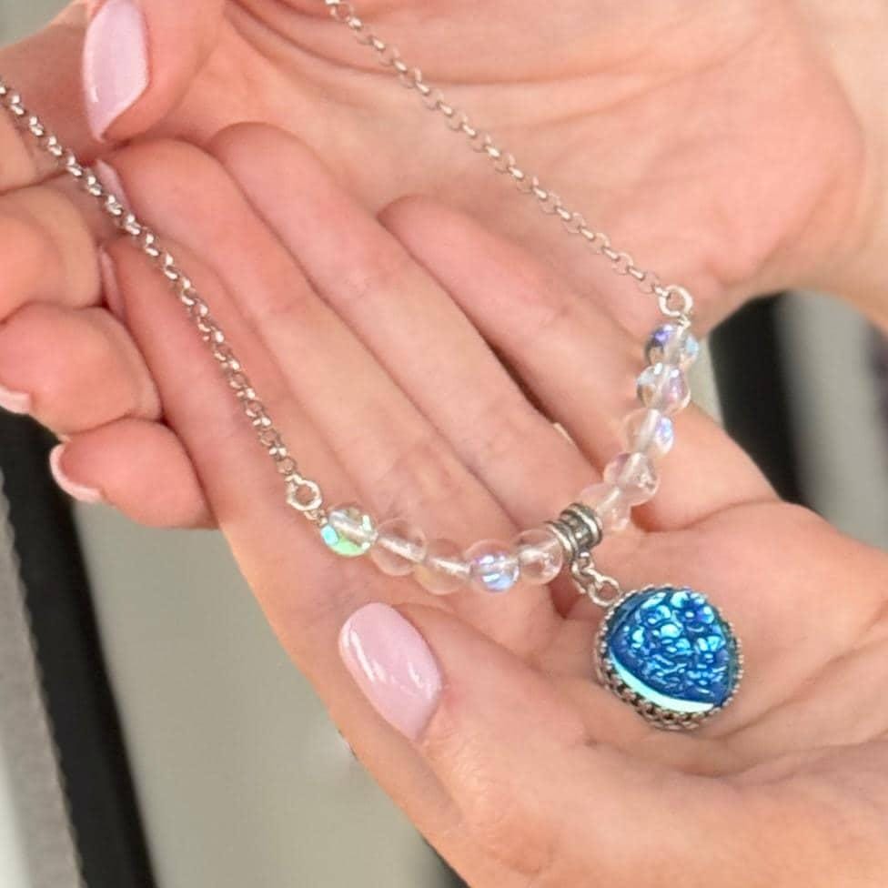 Forget Me Not Vintage Glass Button Necklace, Sterling Silver, Angel Aura Quartz Bar Necklace