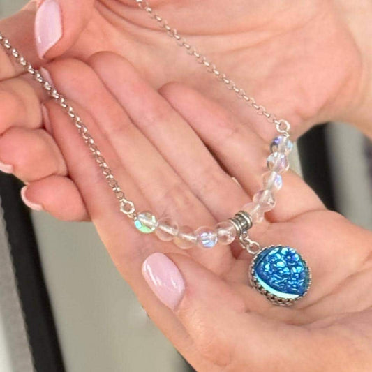 One-of-a-Kind Vintage Sterling & Glass Button Necklace, Angel Aura Quartz , Forget Me Not Floral Necklace