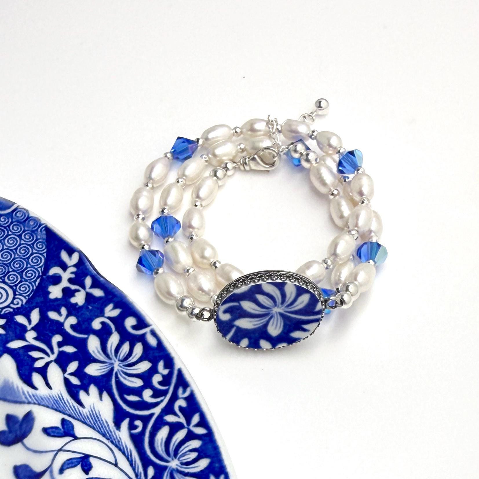 Pearl Wrap Bracelet, Spode Italian Blue China Jewelry Gift