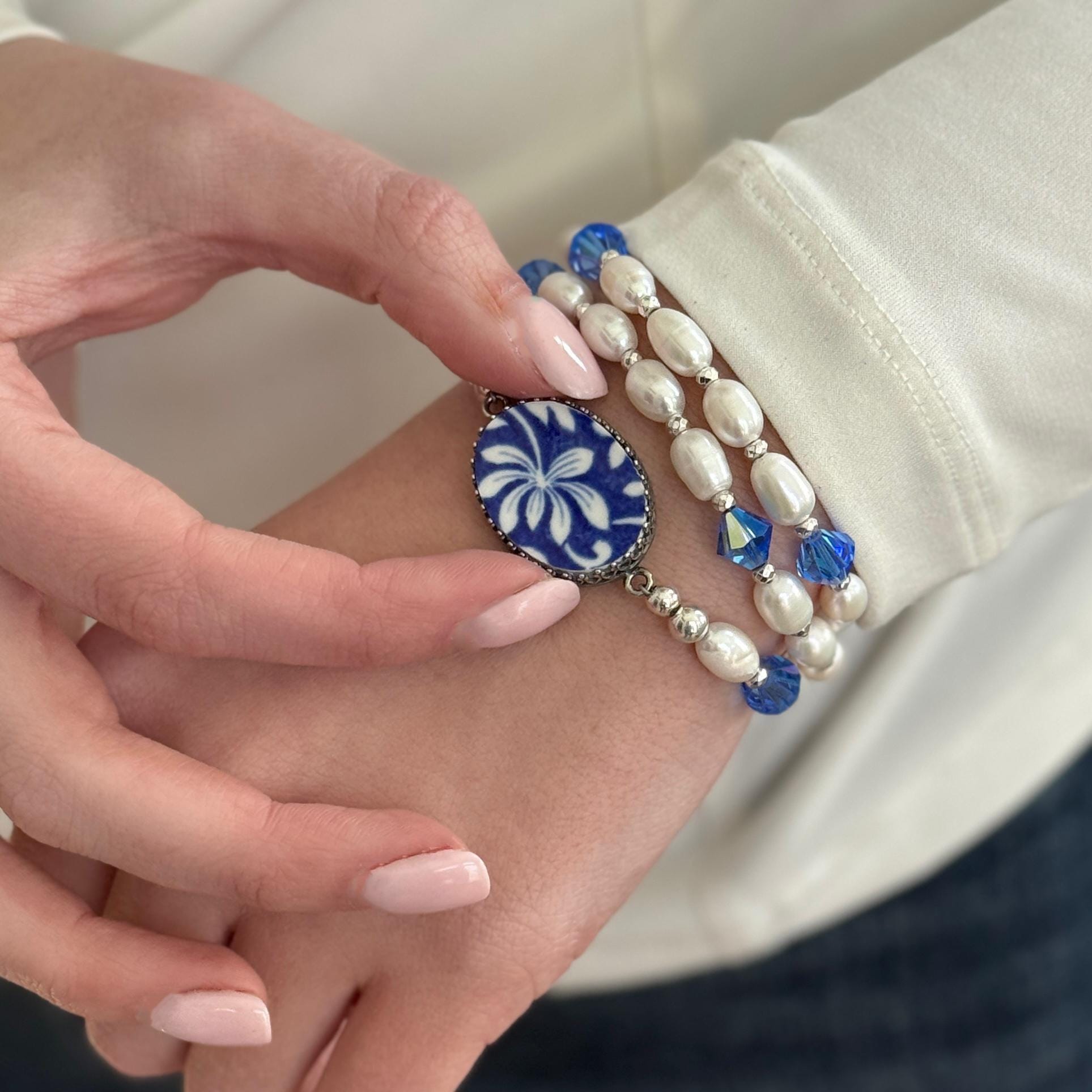 Pearl Wrap Bracelet, Spode Italian Blue China Jewelry Gift