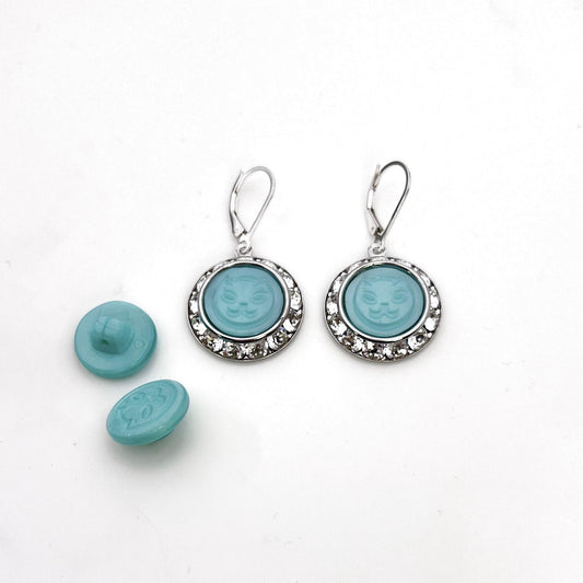 Vintage Aqua Blue Cat Glass Button Earrings, Crystal Jewelry, Unique Handmade Jewelry