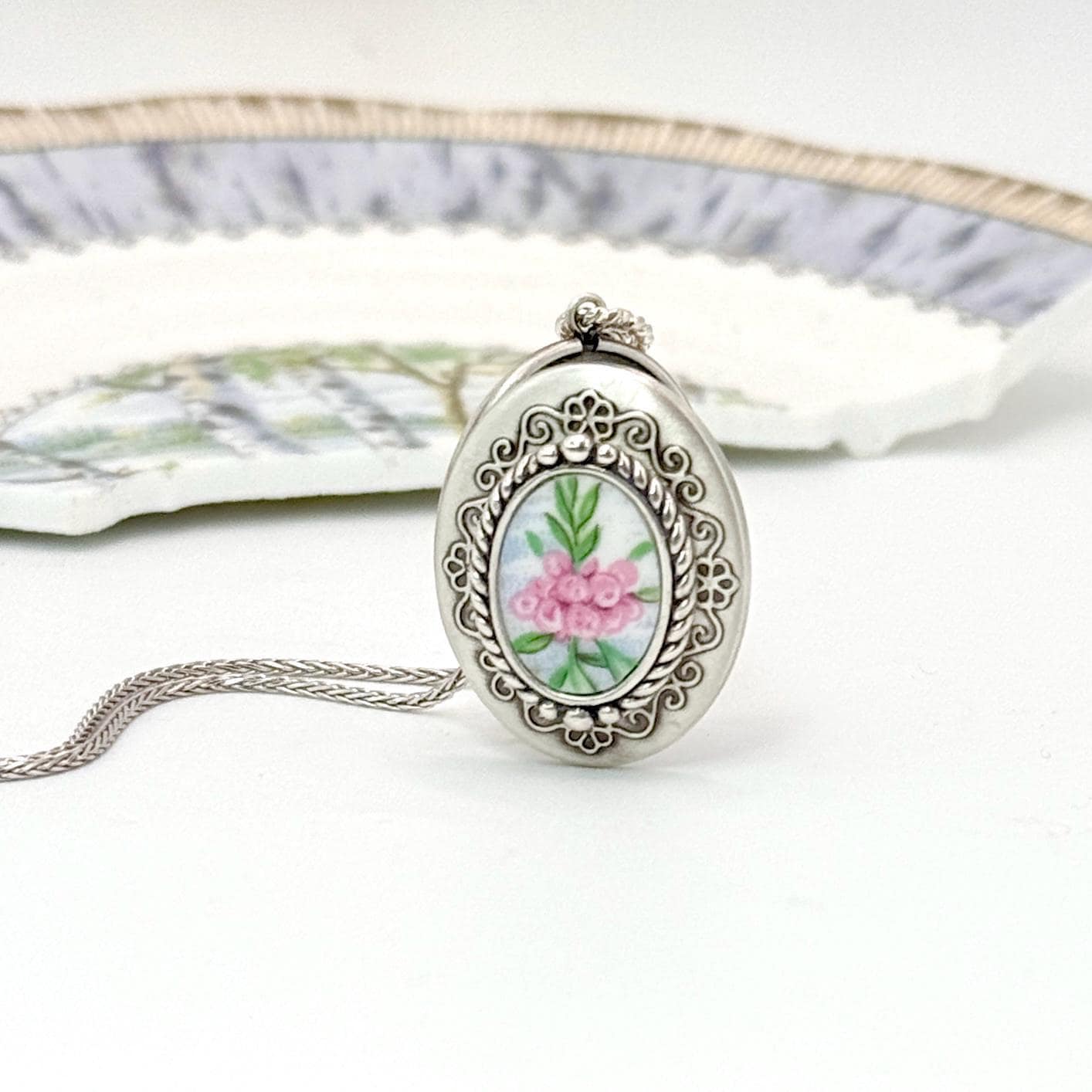 Victorian Sterling Silver Locket Necklace, Vintage China Jewelry, 20th Anniversary Gift