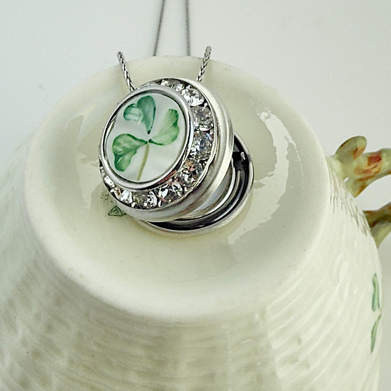 Shamrock Locket Necklace, Crystal Belleek Photo Locket, Irish Gifts For Her, Broken China Jewelry