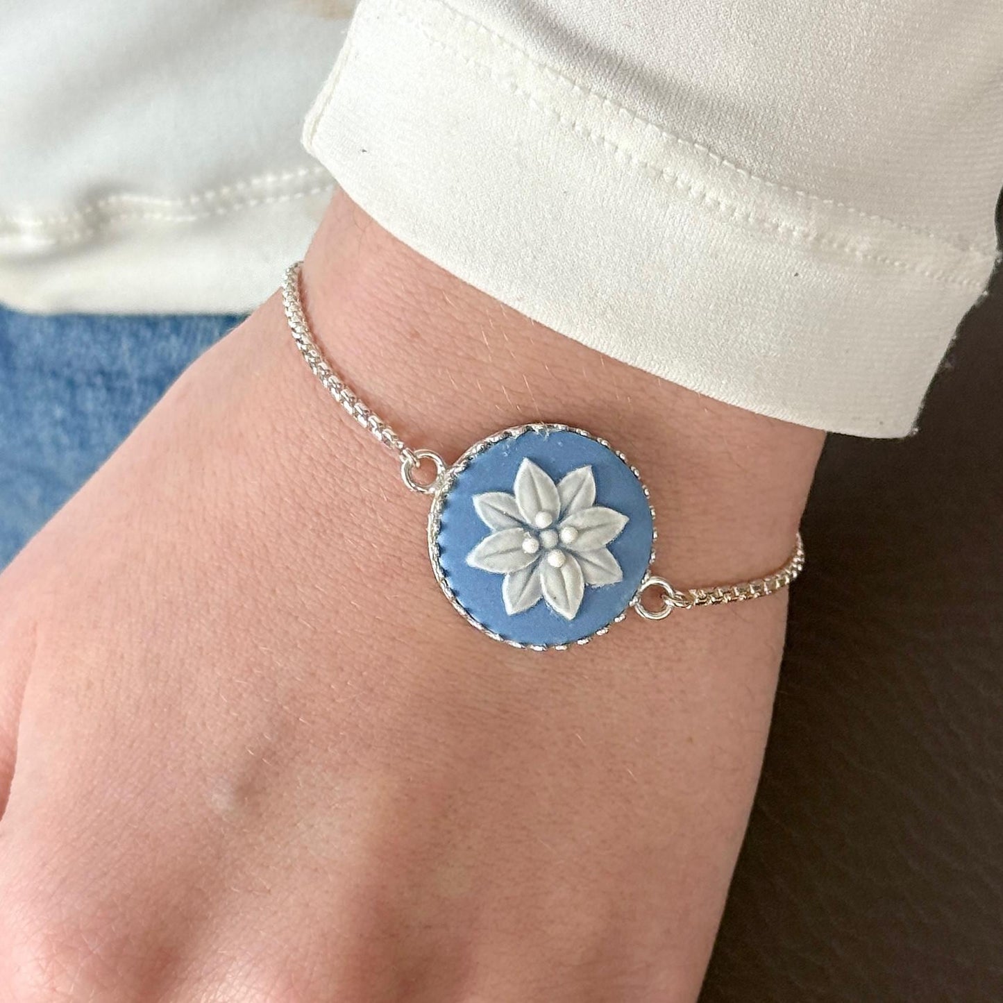 Star Flower Bracelet, Blue Wedgwood Pottery Jewelry, Unique 9th Anniversary Gifts for Wife