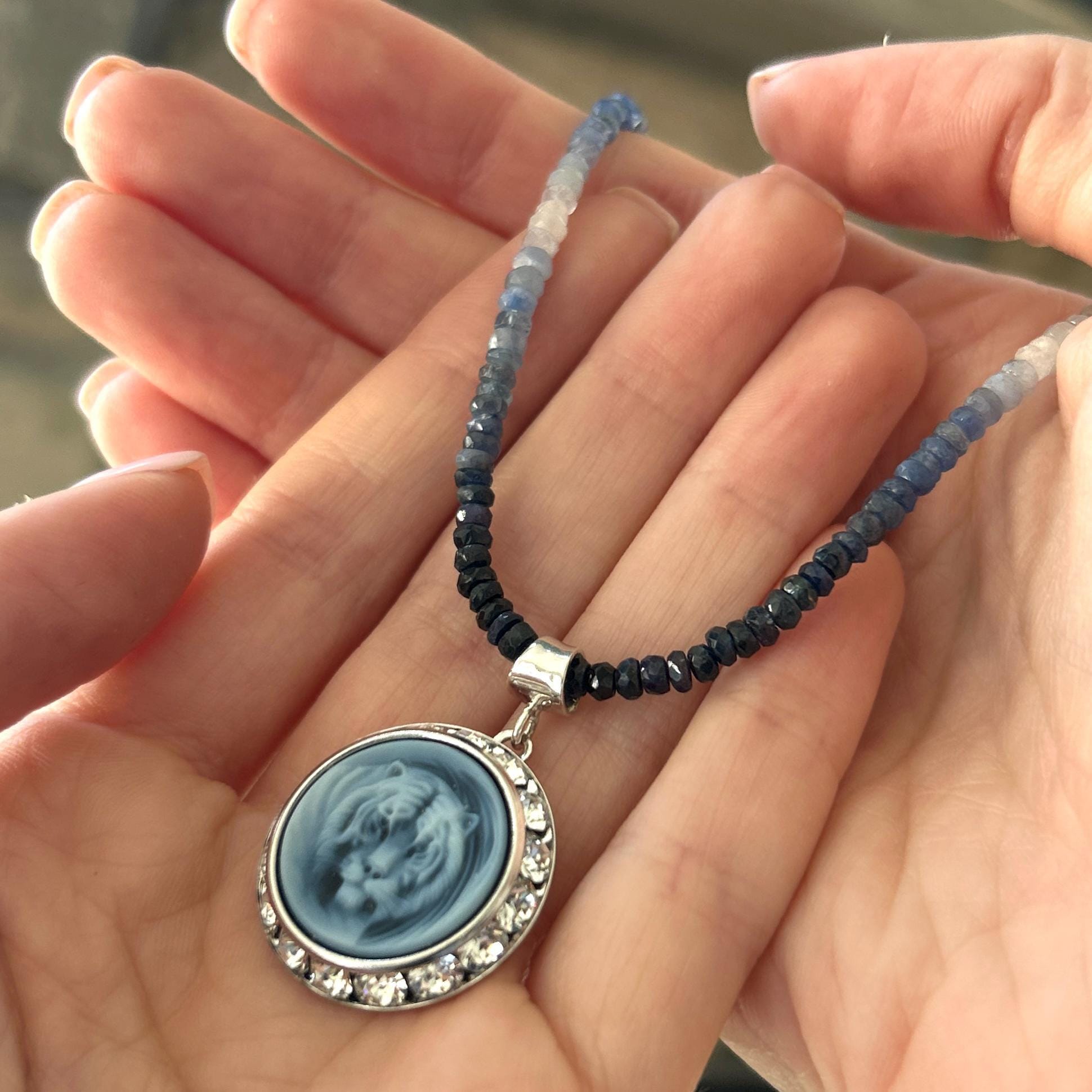 Tiger Cameo Necklace, Natural Gemstone Animal Jewelry, Sapphire Gifts for Men and Women