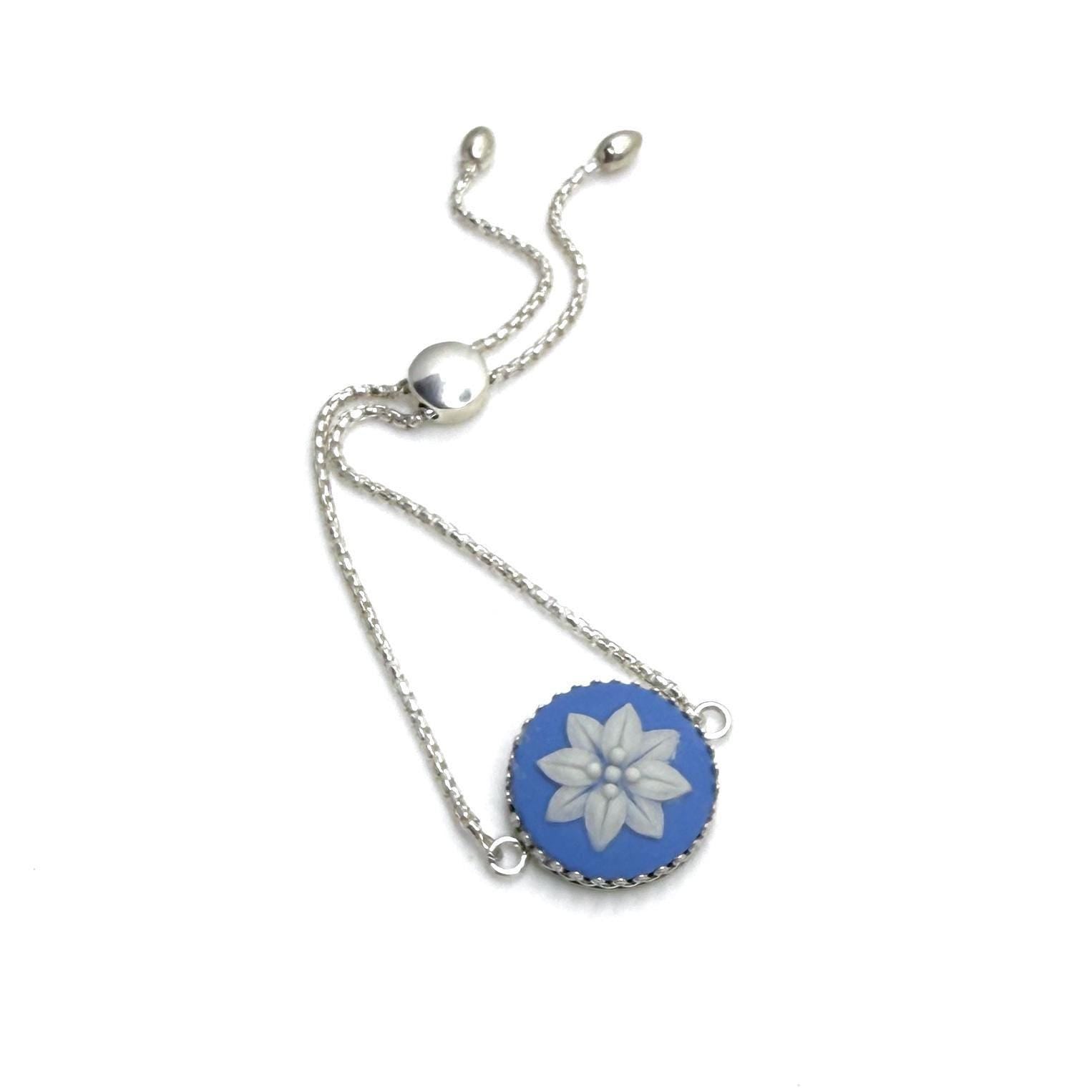 Star Flower Bracelet, Blue Wedgwood Pottery Jewelry, Unique 9th Anniversary Gifts for Wife