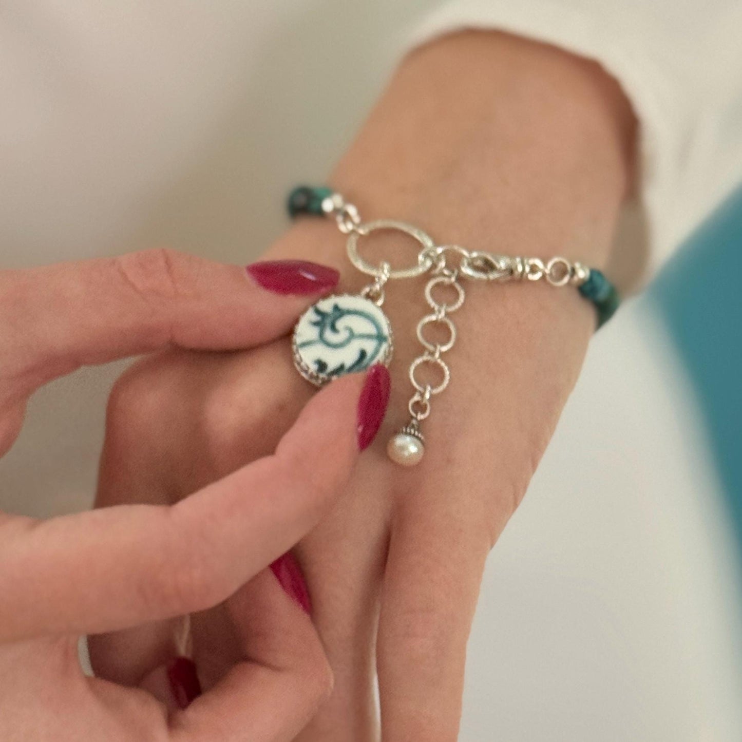 Adjustable Turquoise Charm Bracelet, Porcelain 18th Anniversary Gifts, Sterling Silver Jewelry