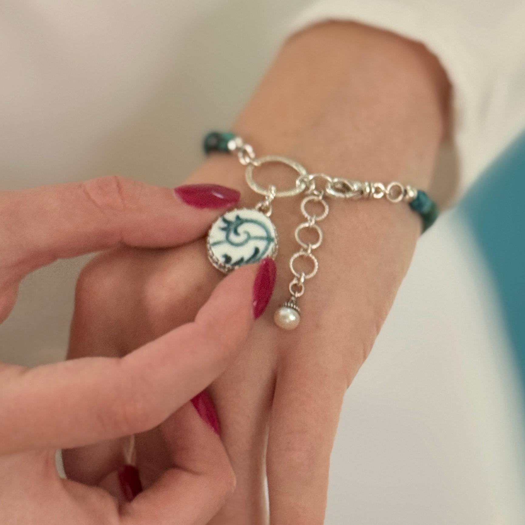 Adjustable Turquoise Charm Bracelet, Porcelain 18th Anniversary Gifts, Sterling Silver Jewelry