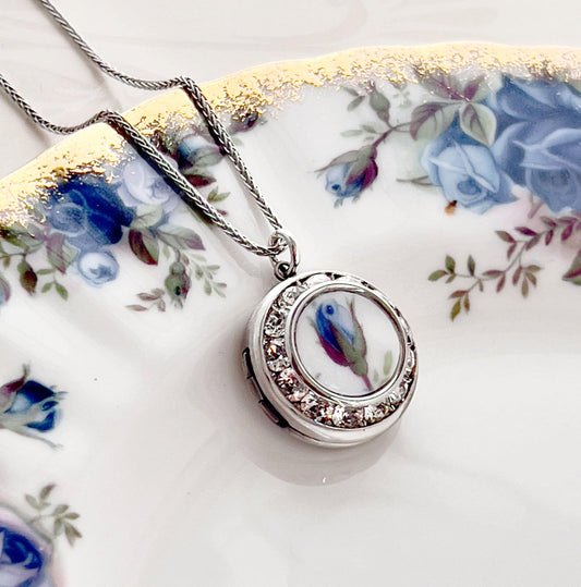 Graduation Gifts for Girl, Blue Rose Photo Locket Necklace, Royal Albert Moonlight Rose Vintage Broken China Jewelry