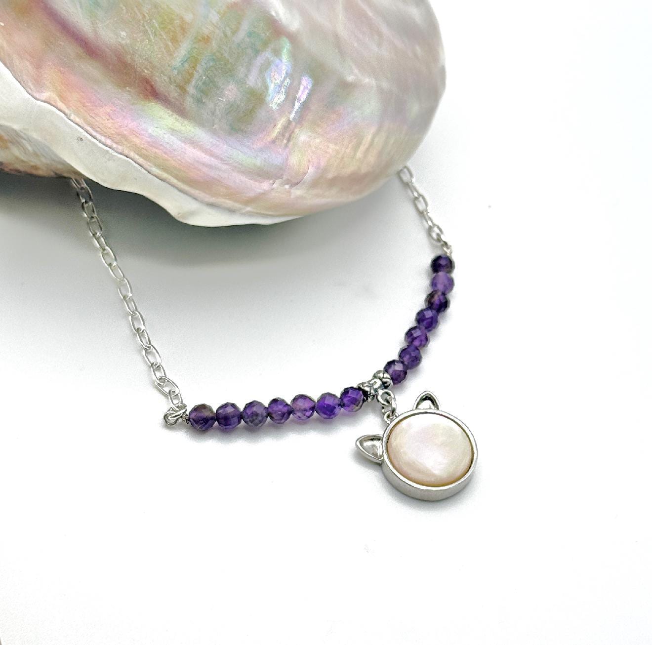 Mother of Pearl Cat Necklace, Amethyst Bar Necklace, Gift for Cat Lover