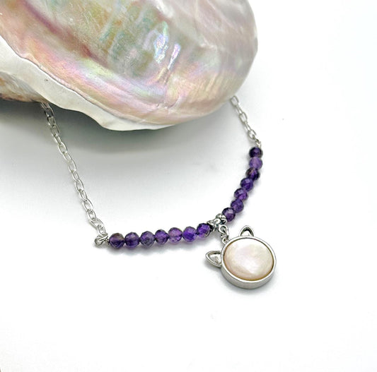 Mother of Pearl Cat Necklace, Amethyst Bar Necklace, Gift for Cat Lover