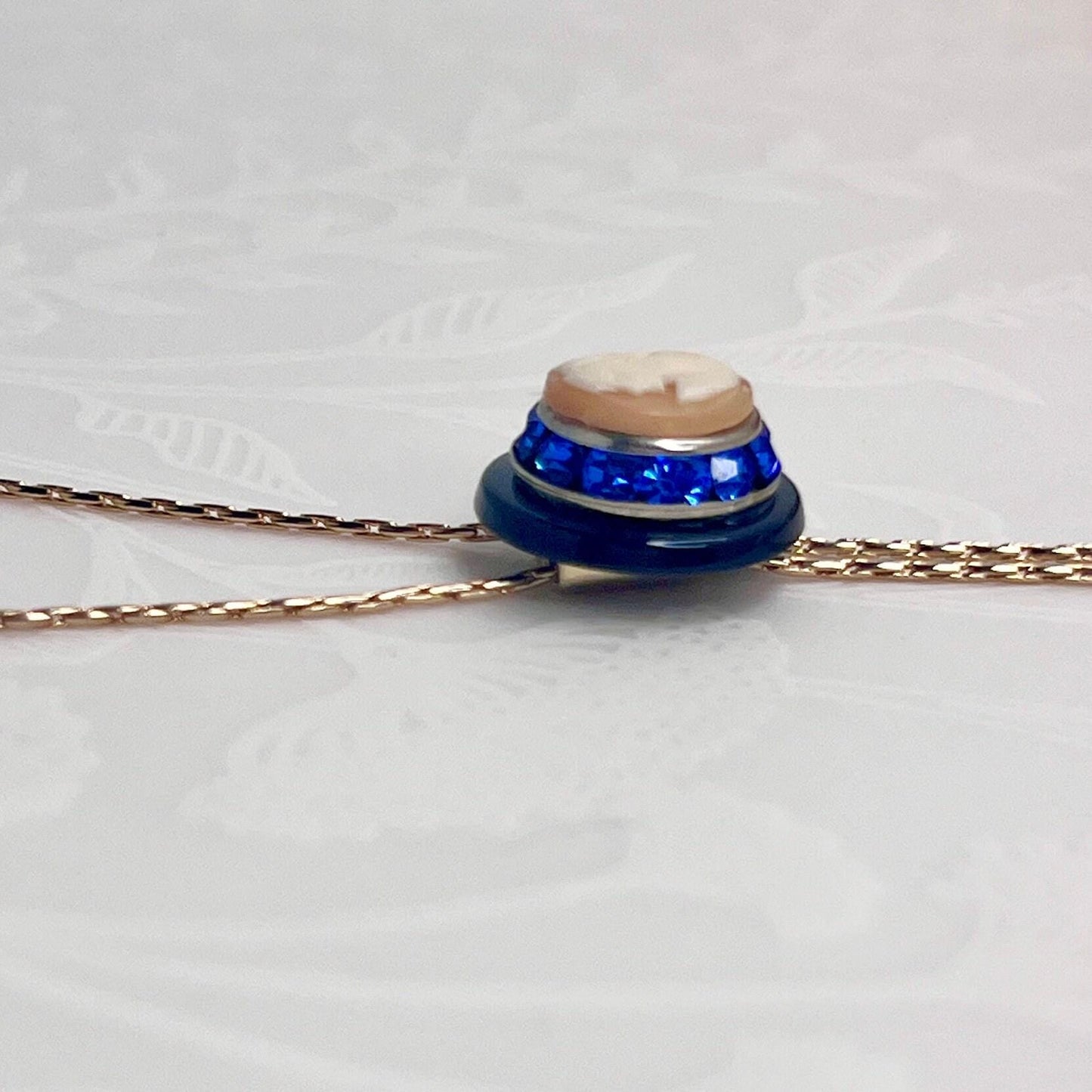 One-of-a-Kind Long Gold Cameo Necklace, Vintage Onyx & Shell Came Adjustable Blue Crystal Necklace, Italian Cameo Jewelry