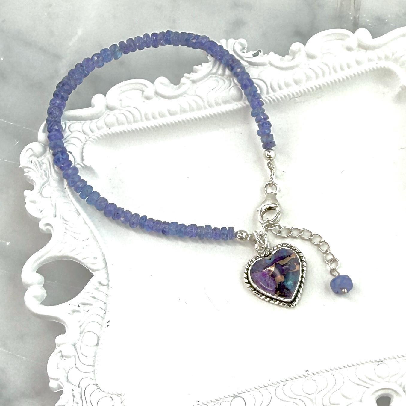 One-of-a-Kind Tanzanite Bracelet, Turquoise Heart Charm, Sterling Silver Jewelry Anniversary Gifts for Her