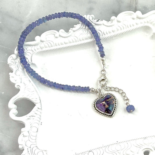 One-of-a-Kind Tanzanite Bracelet, Turquoise Heart Charm, Sterling Silver Jewelry Anniversary Gifts for Her
