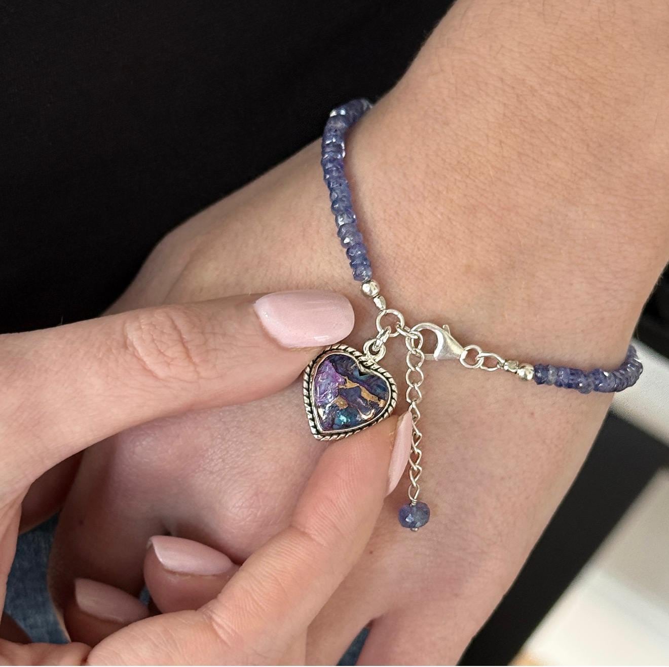 One-of-a-Kind Tanzanite Bracelet, Turquoise Heart Charm, Sterling Silver Jewelry Anniversary Gifts for Her