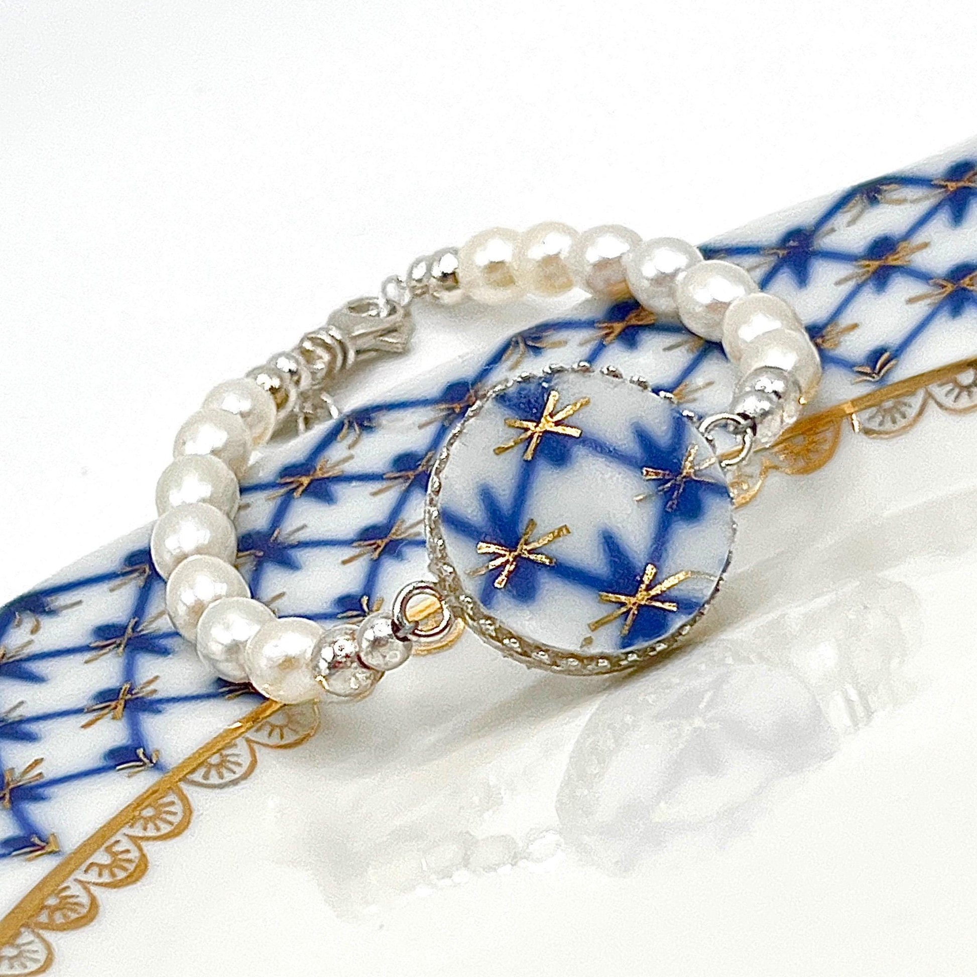 Lomonosov Cobalt Net Pearl Bracelet, Porcelain Broken China Jewelry, 18th and 20th Anniversary Gift for Wife, Handmade Artisan Jewelry
