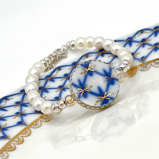 Lomonosov Cobalt Net Pearl Bracelet, Porcelain Broken China Jewelry, 18th and 20th Anniversary Gift for Wife, Handmade Artisan Jewelry