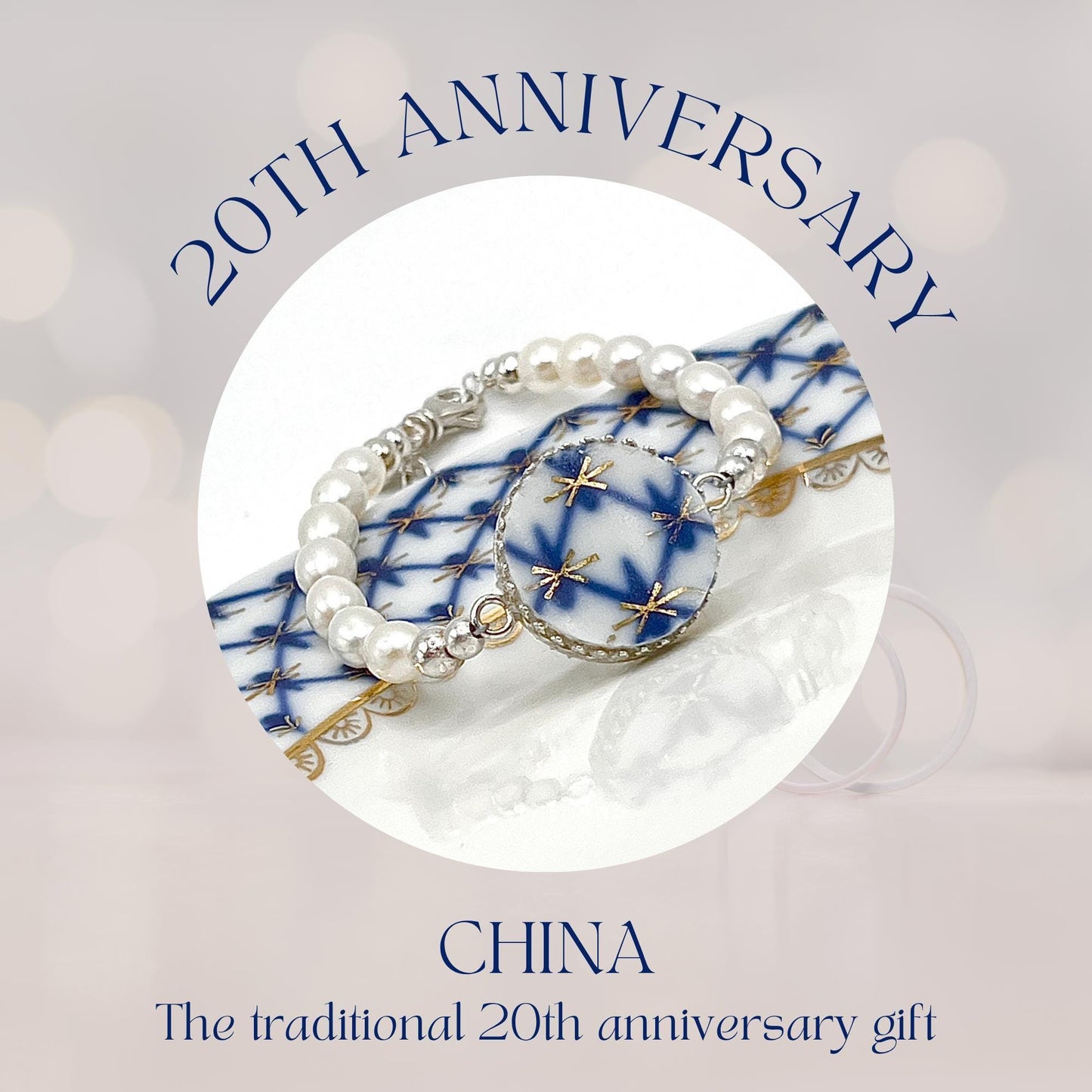 Lomonosov Cobalt Net Pearl Bracelet, Porcelain Broken China Jewelry, 18th and 20th Anniversary Gift for Wife, Handmade Artisan Jewelry