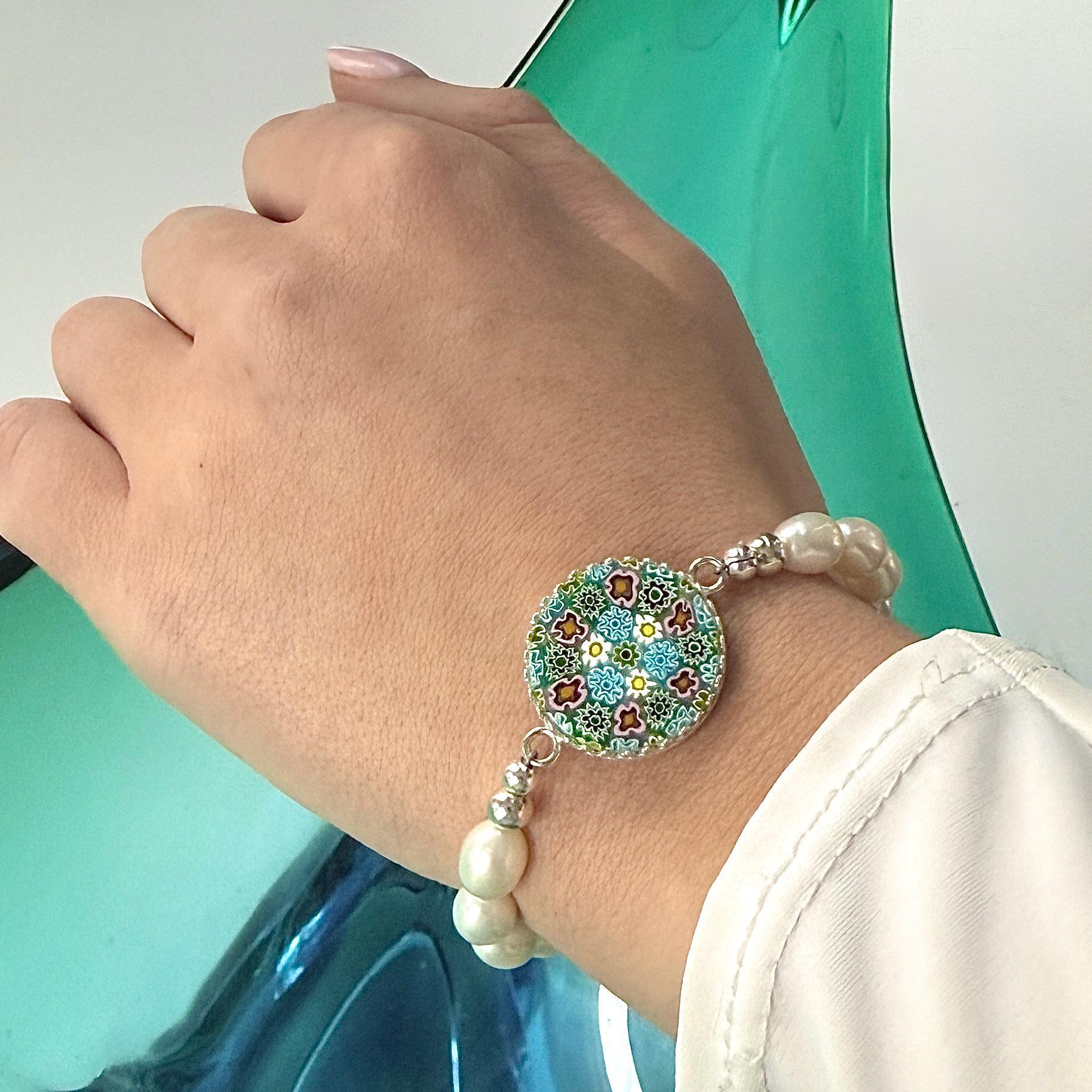 One-of-a-Kind Italian Millefiori Art Glass, Statement Pearl Bracelet, Colorful Spring Daisy and Flower Jewelry