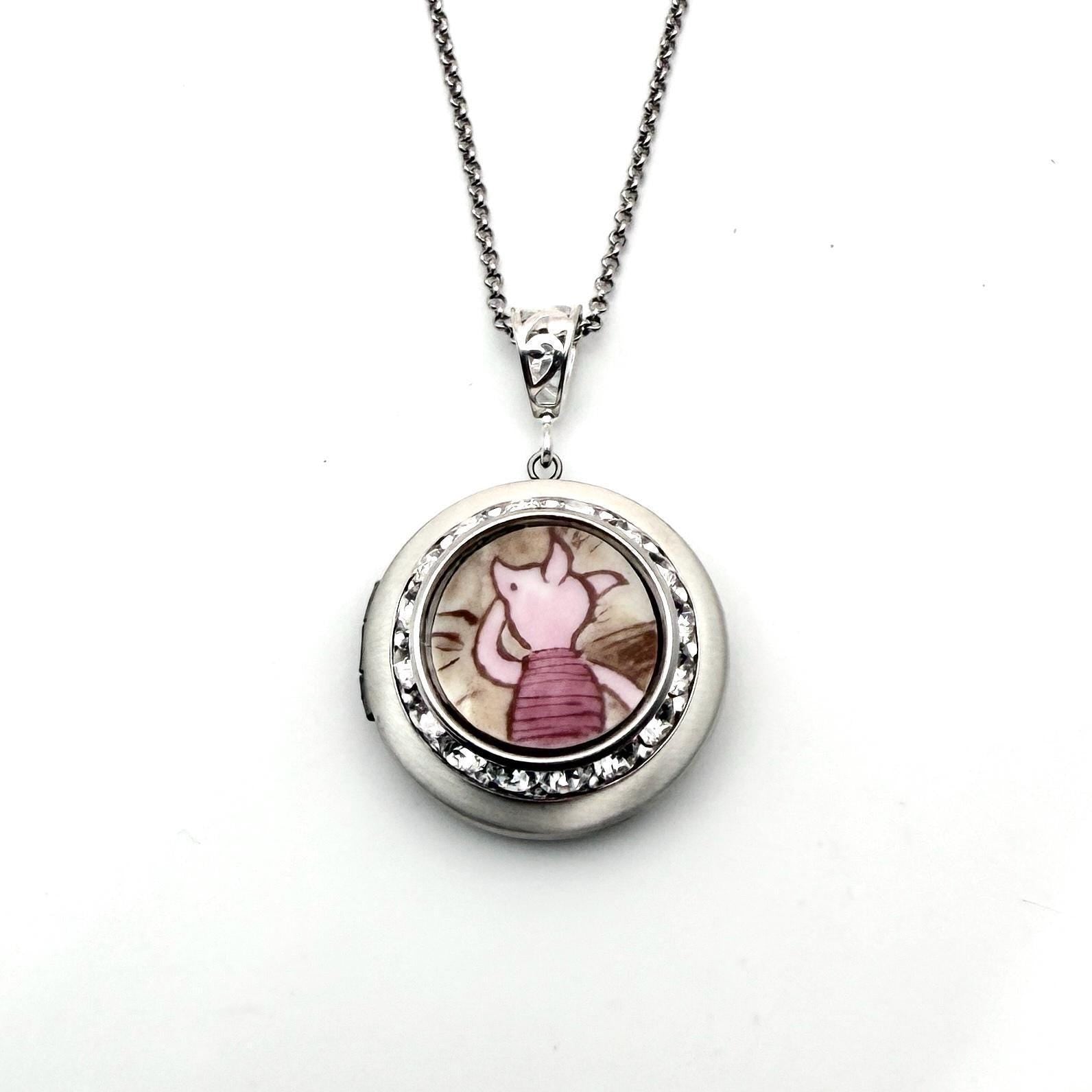 Mothers Day Gifts for Mom, Winnie the Pooh Locket Necklace, Sterling Silver Photo Locket, Broken China Jewelry