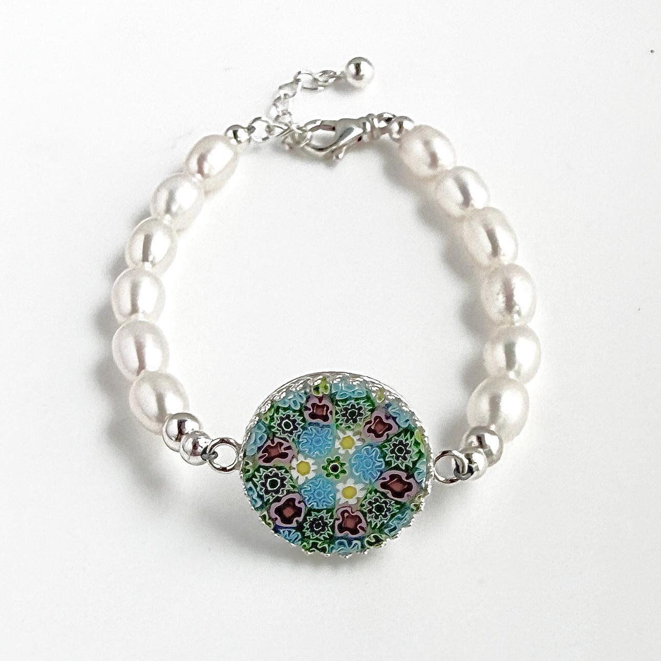 One-of-a-Kind Italian Millefiori Art Glass, Statement Pearl Bracelet, Colorful Spring Daisy and Flower Jewelry