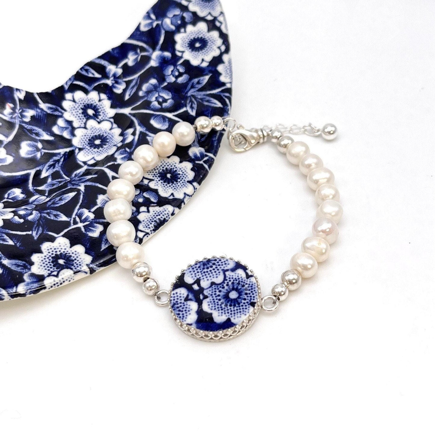 Blue and White Flower Broken China Jewelry, Romantic 20th Wedding Anniversary Gift for Wife, Sterling Silver Freshwater Pearl Bracelet
