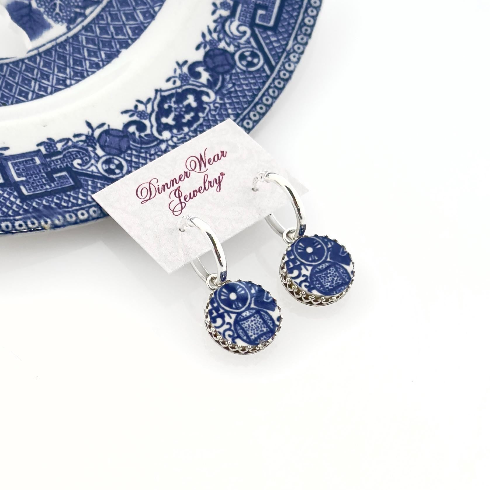 Blue Willow China Jewelry, Dainty Sterling Silver Hoop Earrings, Mothers Day Gifts for Mom