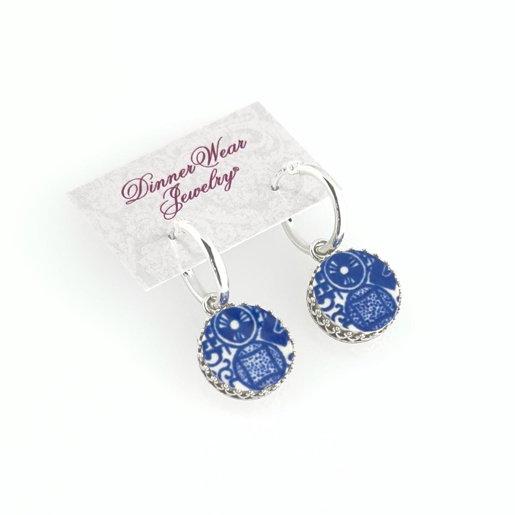 Blue Willow China Jewelry, Dainty Sterling Silver Hoop Earrings, Mothers Day Gifts for Mom