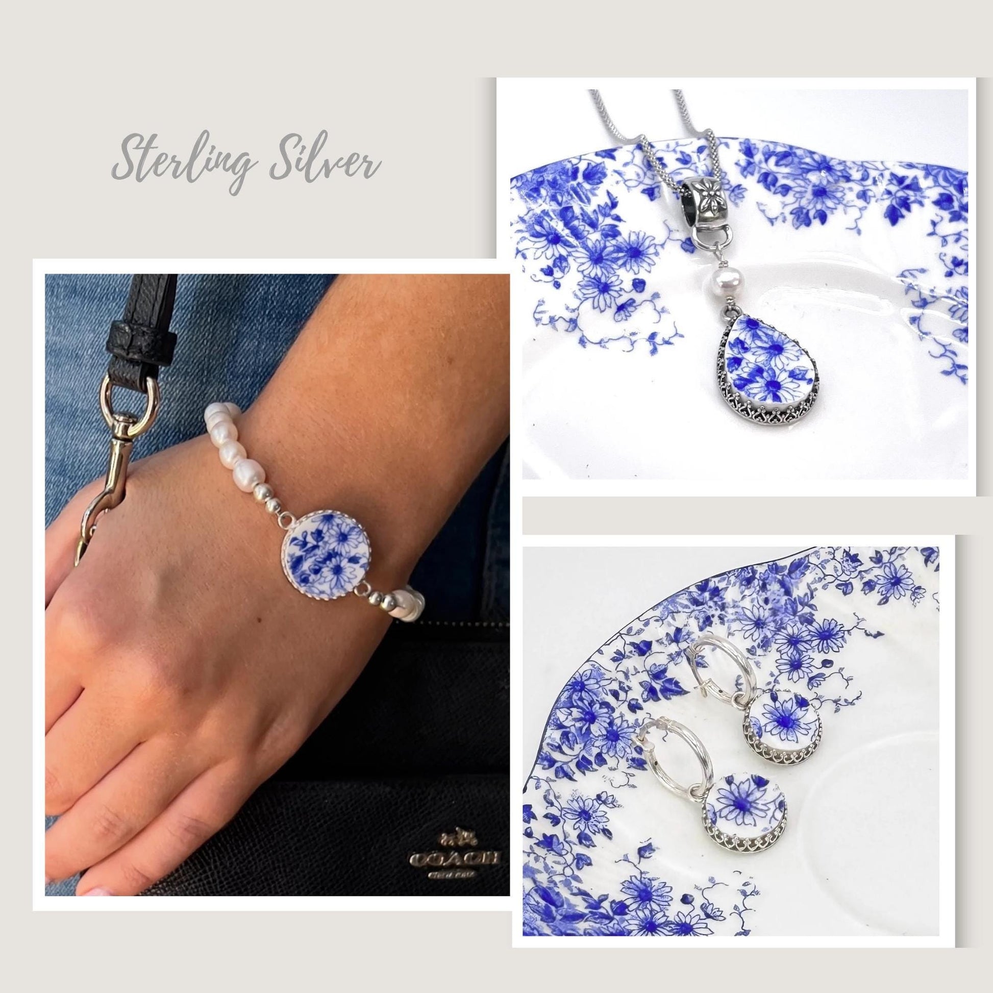 Shelley Dainty Blue Pearl Bracelet, Broken China Jewelry, 18th Anniversary Porcelain Gift for Wife
