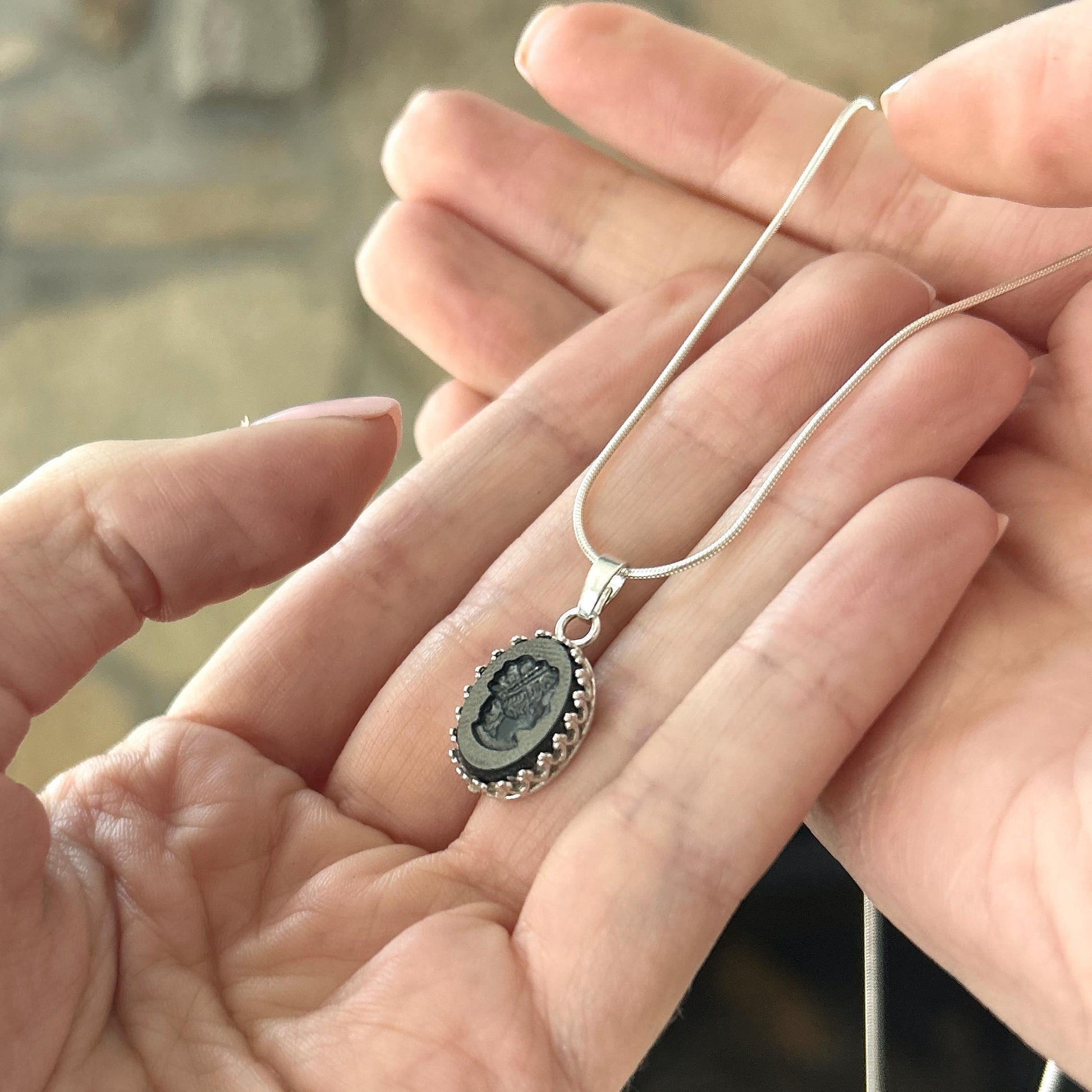 Dainty Vintage German Glass Cameo, Sterling Silver Victorian Jewelry