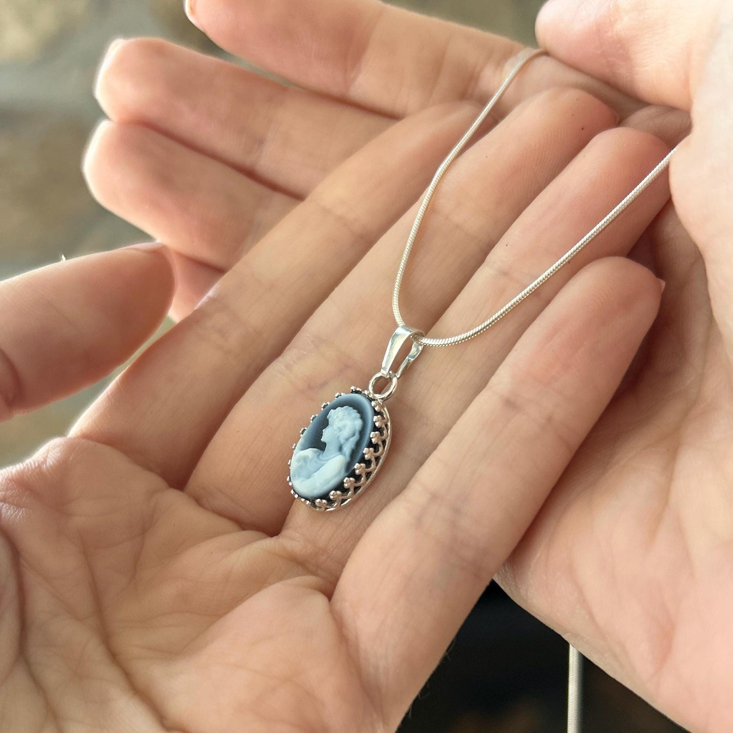 Dainty Vintage Cameo Pendant Necklace, Sterling Silver Victorian Woman Jewelry, Daughter Gift