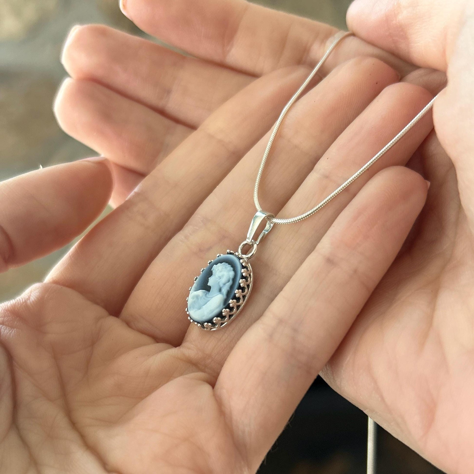 Dainty Vintage Cameo Pendant Necklace, Sterling Silver Victorian Woman Jewelry, Daughter Gift