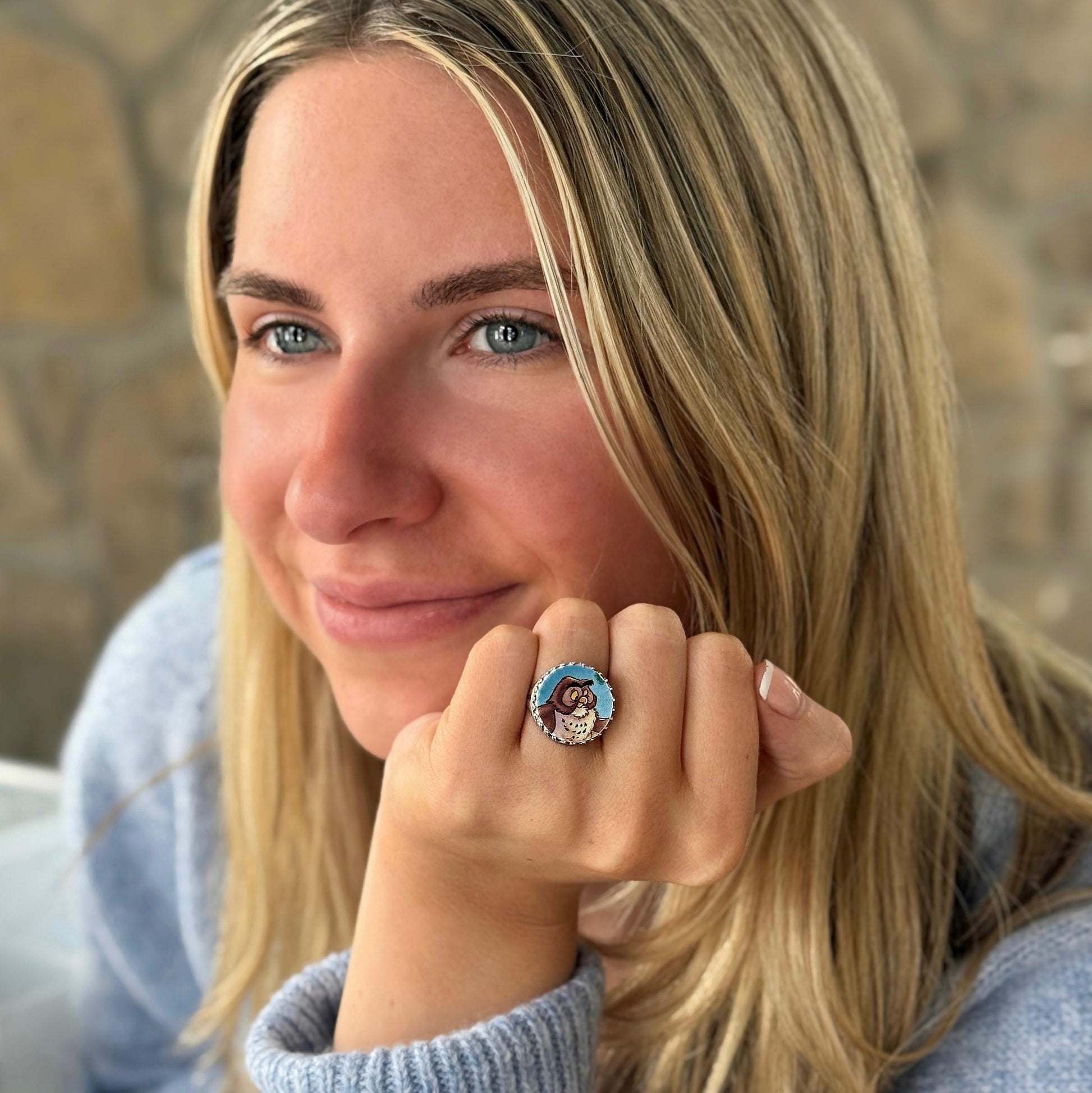 Owl Ring, Winnie the Pooh, Vintage Broken China Jewelry, Sterling Silver Adjustable Ring