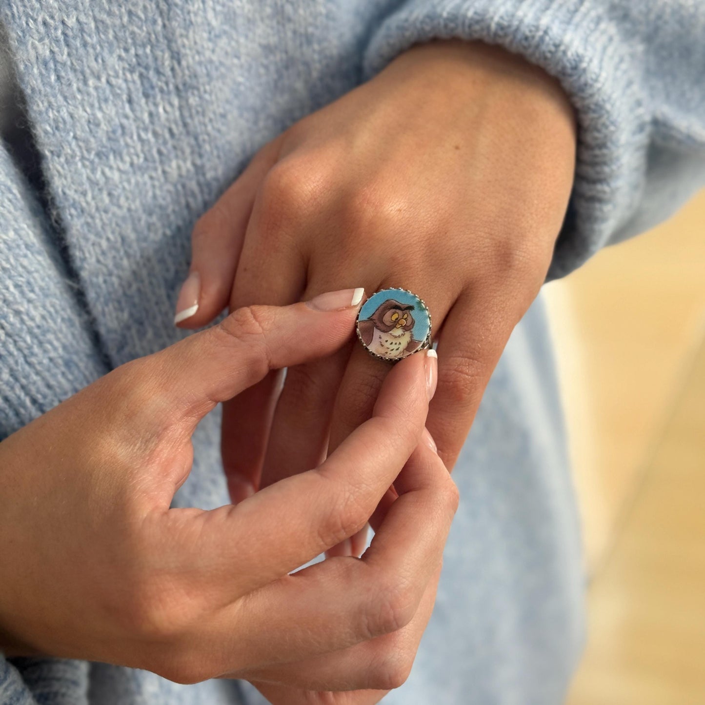 Owl Ring, Winnie the Pooh, Vintage Broken China Jewelry, Sterling Silver Adjustable Ring