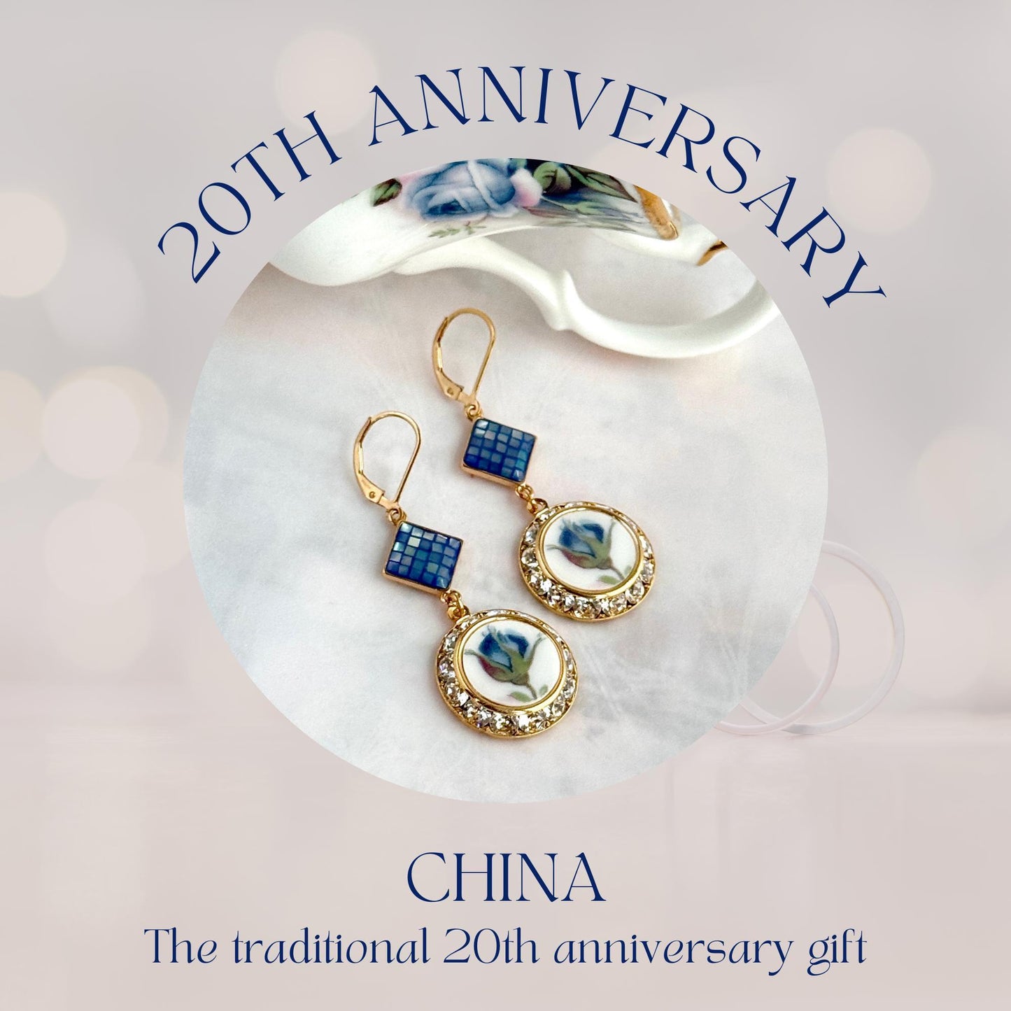 20th Anniversary Gift for Wife, Gold Crystal Earrings, Blue Rose Broken China Jewelry, Gold Filled Hinged Lever Back Earwires