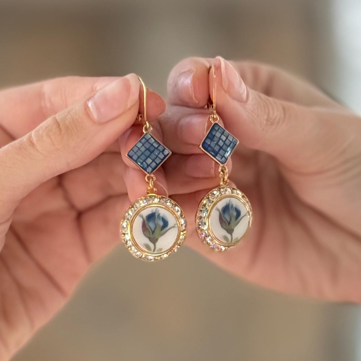 20th Anniversary Gift for Wife, Gold Crystal Earrings, Blue Rose Broken China Jewelry, Gold Filled Hinged Lever Back Earwires